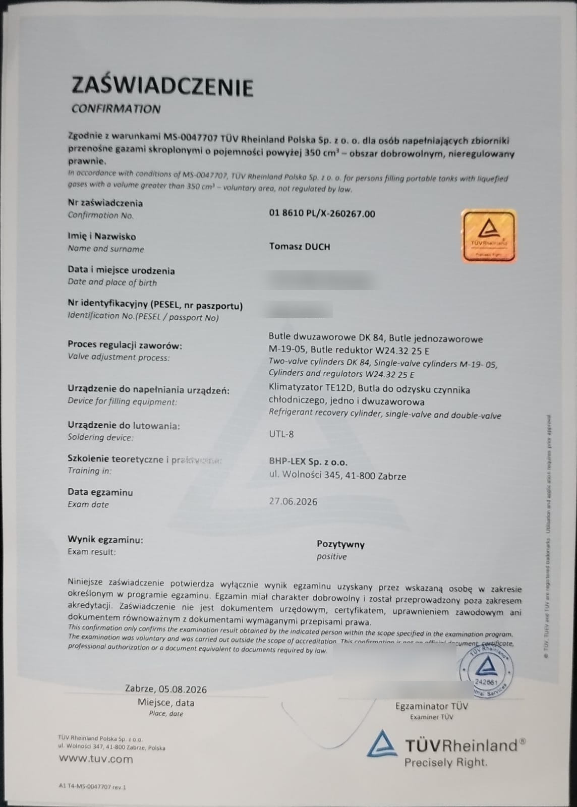 Zaświadczenie TÜV Rheinland dla Tomasz Duch (Skarby Ziemi)