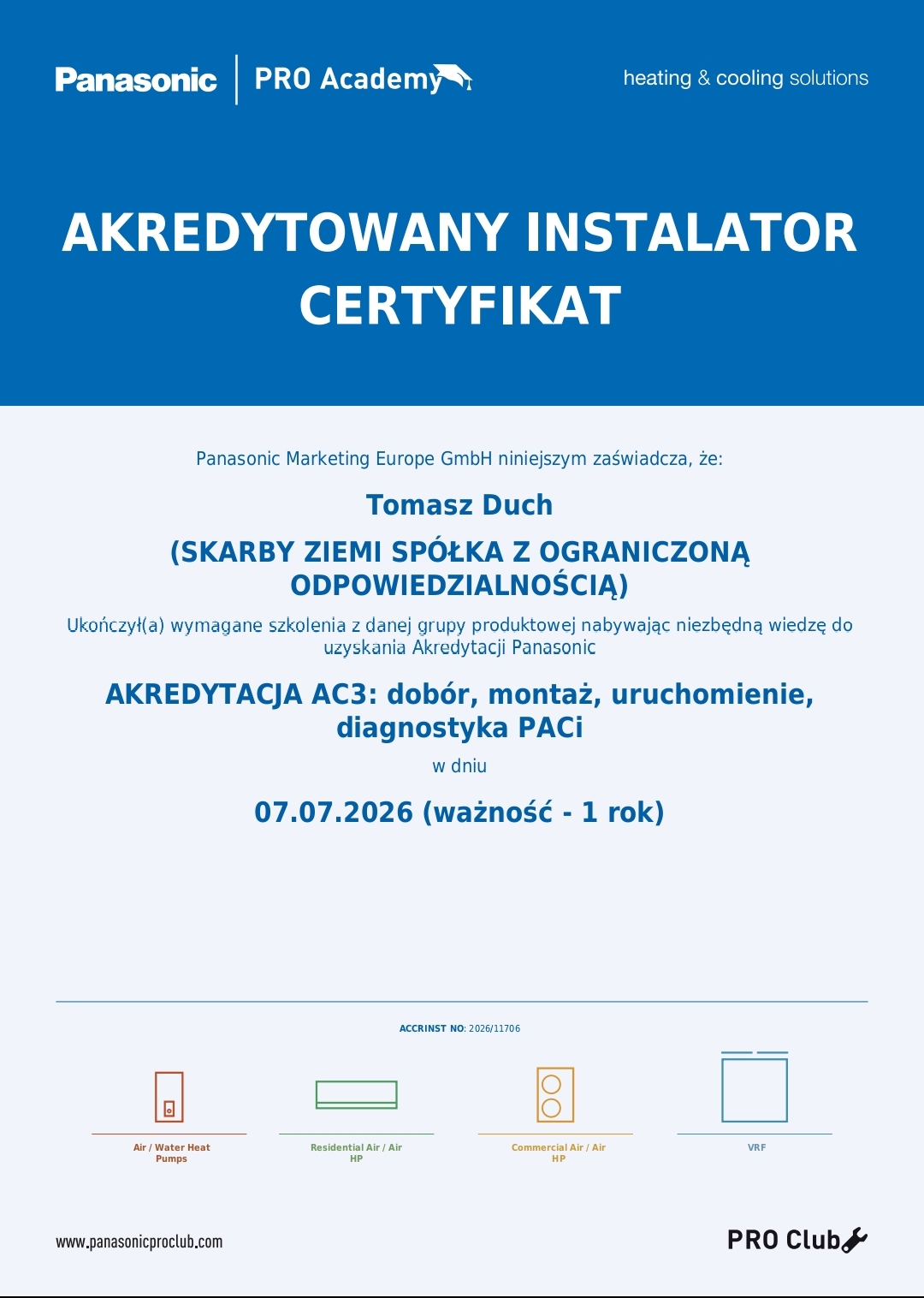 Certyfikat Panasonic PRO Academy — Akredytowany Instalator AC3 dla Skarby Ziemi