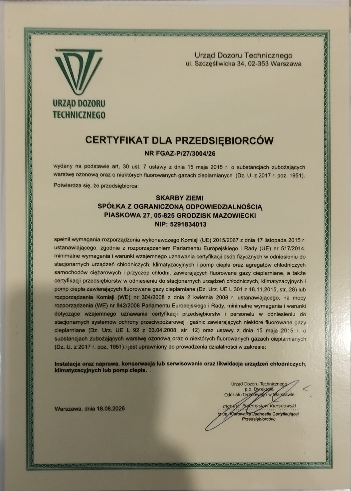 Certyfikat UDT F-Gaz dla Skarby Ziemi sp. z o.o.